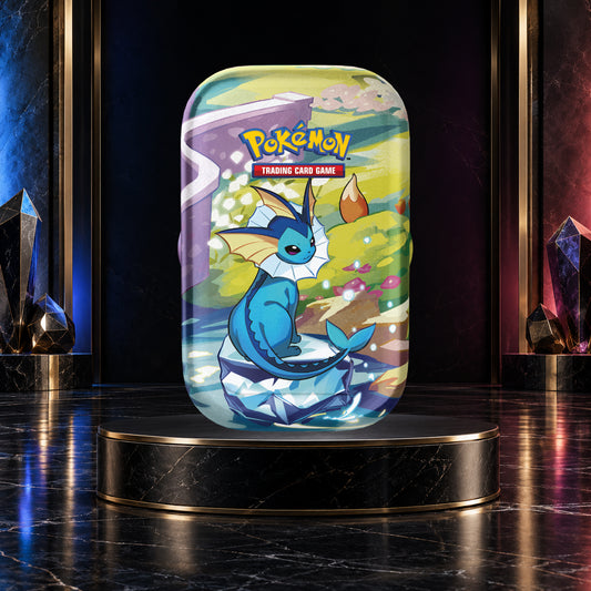 English Pokémon TCG Prismatic Evolutions Mini Tin featuring Vaporeon