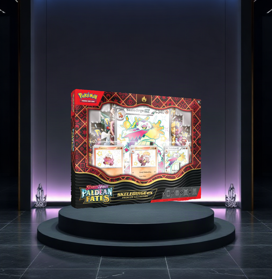 Pokémon TCG: Scarlet & Violet—Paldean Fates Pokémon ex Premium Collection — Skeledirge ex — English; single factory-sealed retail collection; Shiny Skeledirge ex variant